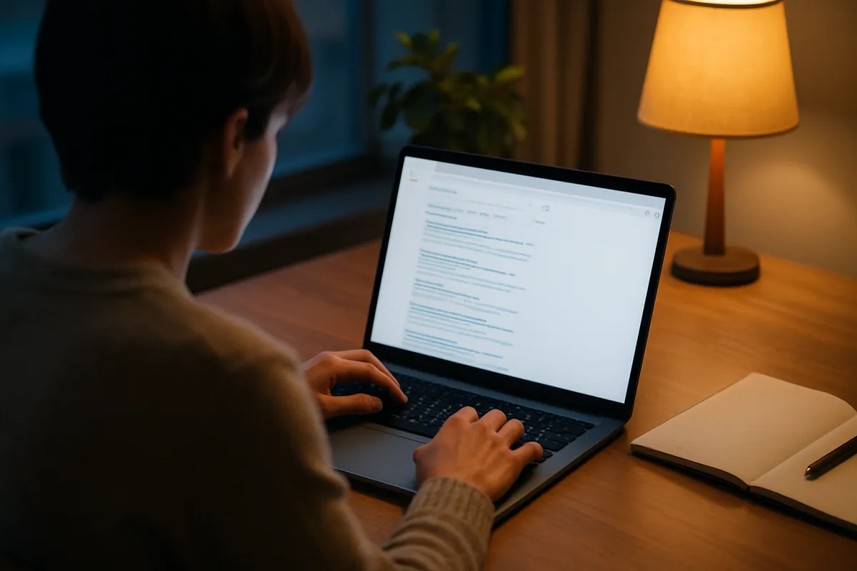 Person researching escort forum reviews on a laptop