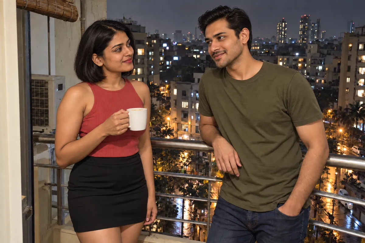Man and girl standing close on a small flat balcony at night, city lights behind them