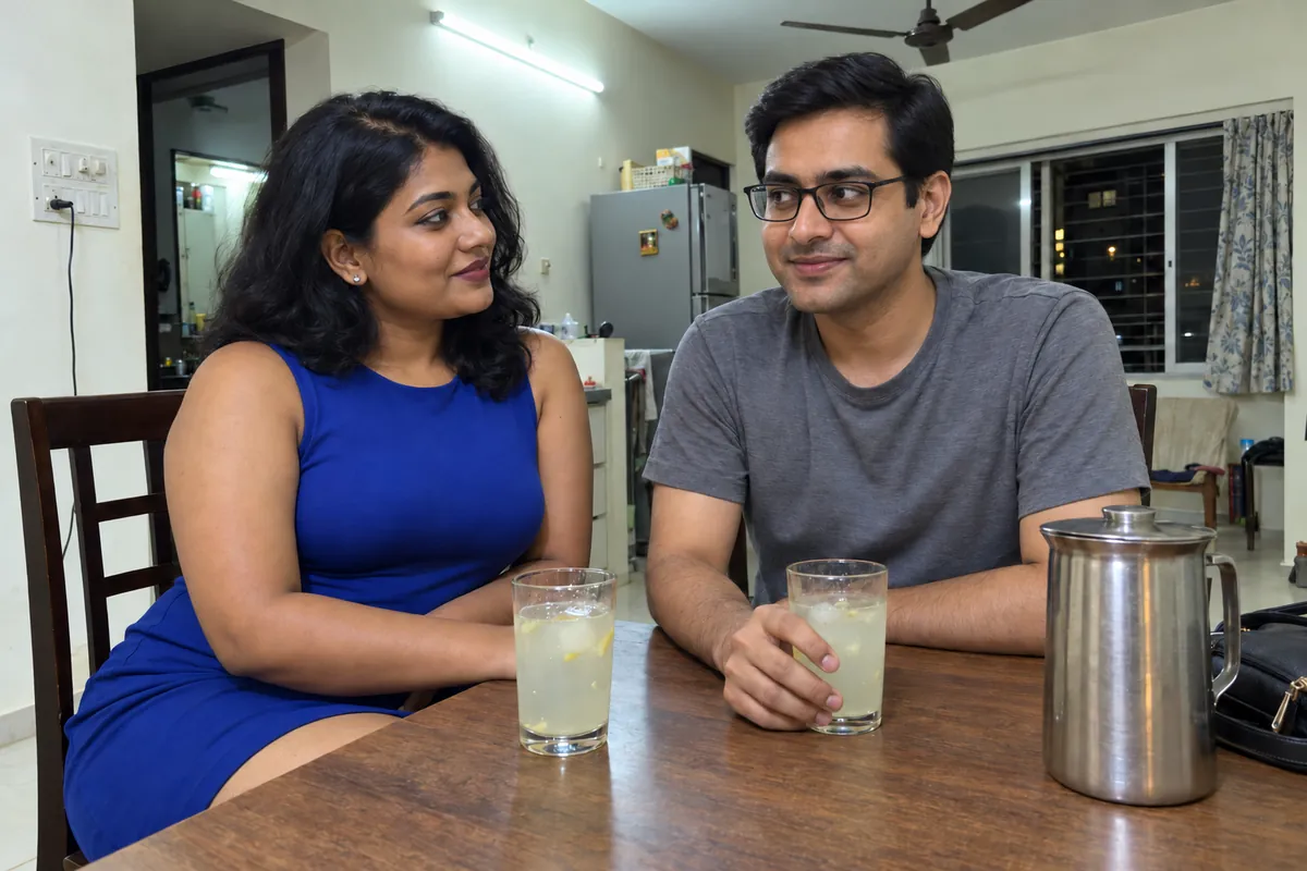 Man and girl talking at the dining table of an ordinary flat, two glasses and a steel jug in front of them