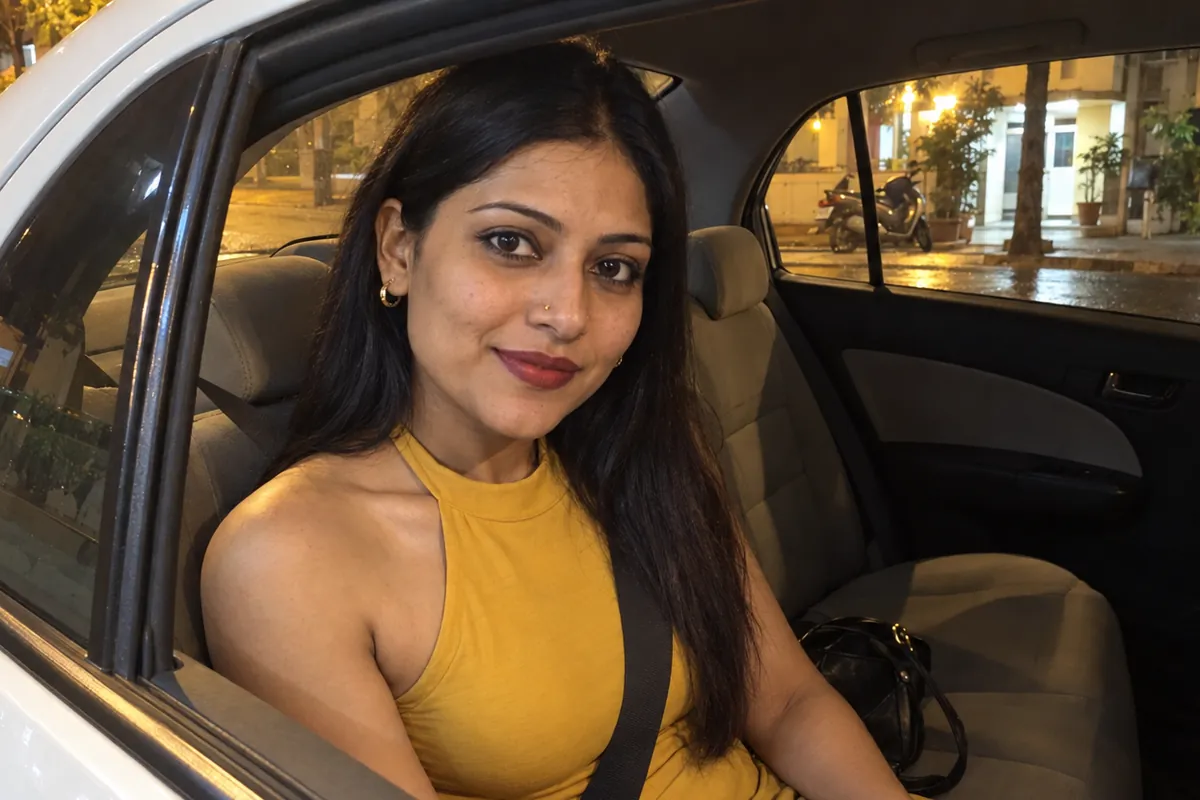 Girl alone in the rear of a taxi after dark, riding across Mumbai to a guest