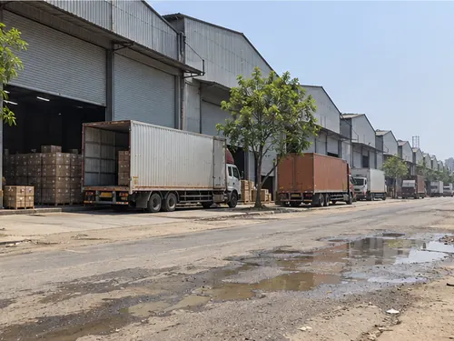 Rows of tin-roof warehouses and parked trucks on a road in Bhiwandi