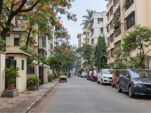 A quiet residential road of housing society buildings in Ghatkopar East
