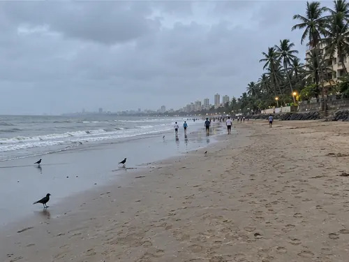 The wide beach at Juhu on a cloudy evening, with palms along the sand