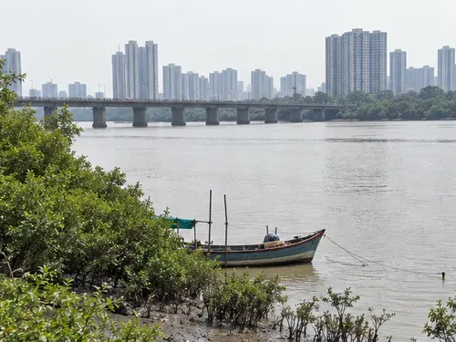 The wide creek at Kalyan with mangroves, a road bridge and towers on the far bank
