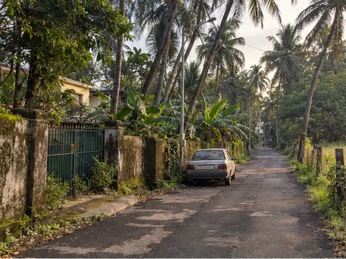 A quiet road through coconut palms on Madh Island in the late afternoon