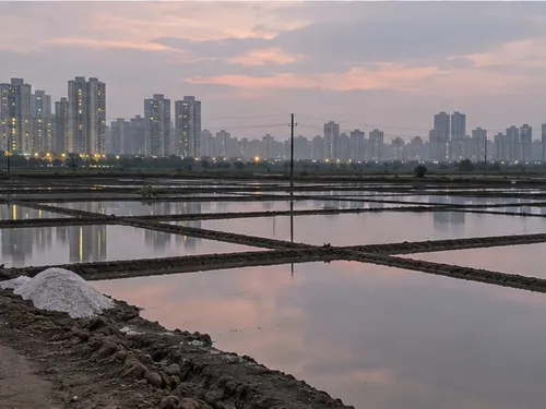 Flat salt pans near Mira Road with housing towers behind in the evening