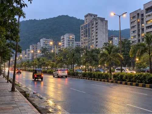 A wide sector road in CBD Belapur, Navi Mumbai, with the green hill behind at dusk