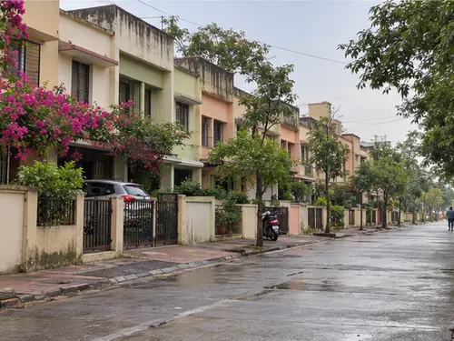 A quiet Nerul road of low row houses with gates and bougainvillea in the morning