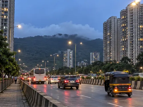 Ghodbunder Road in Thane with new towers and green hills behind in the evening
