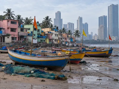 Fishing boats pulled up at Worli Koliwada in the morning